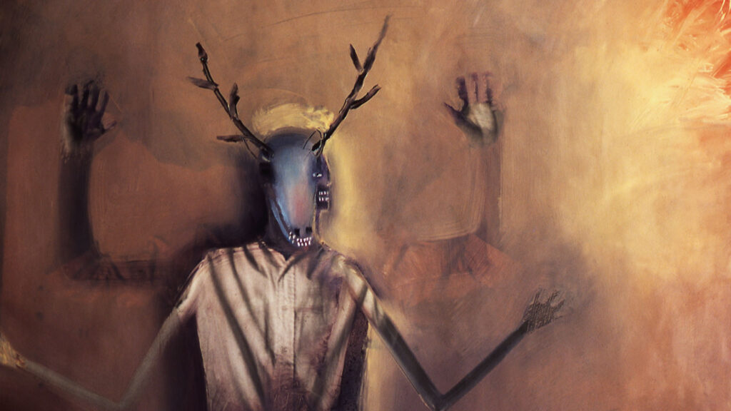 A painting of a deer with his arms outstretched.