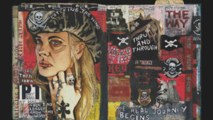 A mixed media artwork featuring a woman's portrait on one side and various pirate-themed elements, text, and symbols on the other, including skulls, keys, and phrases like "The real journey begins.