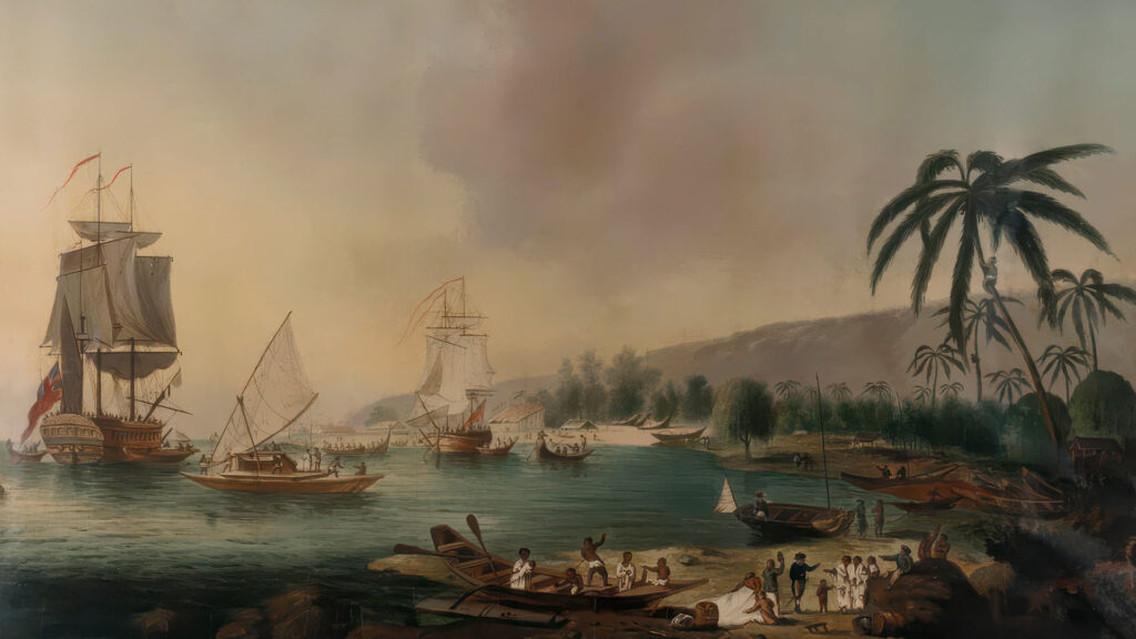 A historical painting depicting ships near a tropical shore with people loading and unloading goods. Palm trees and hills are visible in the background under a cloudy sky.