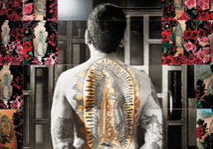 A man with a large tattoo of the Virgin of Guadalupe on his back stands facing away, surrounded by a collage of colorful floral images and similar tattoos.