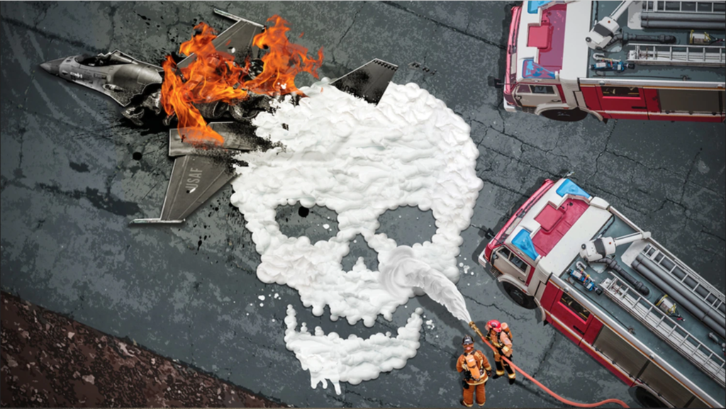 A graphic of firefighters extinguishing a crashed plane on fire with foam that is in the shape of a skull