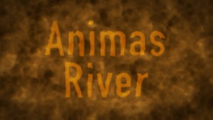 Animas river logo on a brown background.