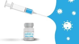 Illustration of a COVID-19 syringe injecting a group of coronaviruses.