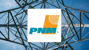 Composite of power line tower with logo for PNM superimposed.