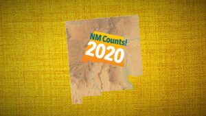 A map of new mexico that says NM Counts! 2020 on a yellow background.