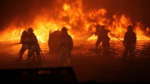 A group of firefighters spray water and combat a giant blaze in a body of water.