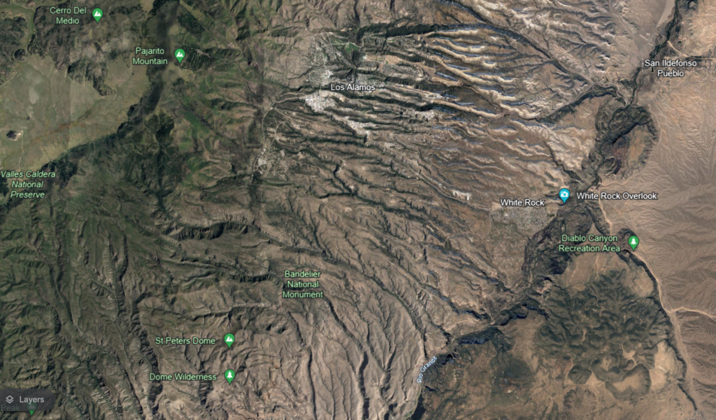 A satellite image of a mountain range in California.