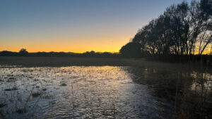 A serene landscape shows a field with a partially frozen pond at sunset, water glistening in the fading light, surrounded by silhouetted trees and distant hills under a clear sky.