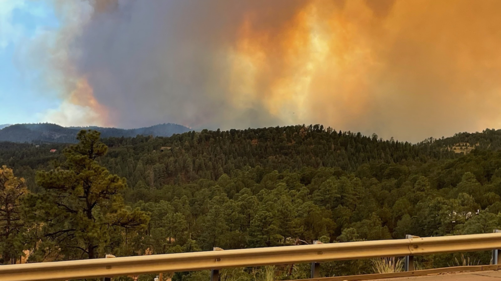 A large plume of smoke rises from a wildfire in a forested mountainous area, partially obscuring the sky. The foreground features a metal guardrail along a road.