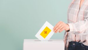 A person wearing a plaid shirt places a ballot into a white box. The ballot has a yellow panel with a red X in the center.