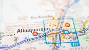 Close-up image of a map zoomed in on Albuquerque, New Mexico, with highways, roads, and landmarks clearly visible.