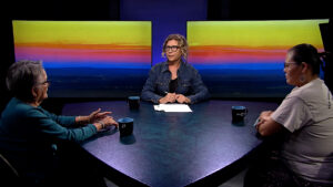 Three individuals are seated around a triangular table with mugs. The person in the center is speaking. The background features two monitors displaying a colorful sunset.