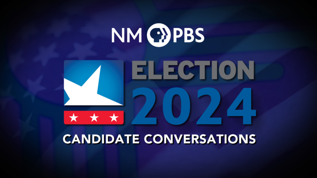 NM PBS Election 2024 Candidate Conversations logo featuring a blue star, three red stars, and text on a dark background.