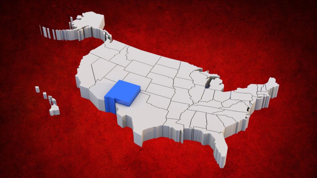 3D map of the United States highlighting New Mexico in blue on a red background.