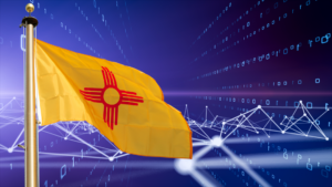 New Mexico flag waving against a digital background with numbers and connected lines.