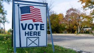 A sign with the American flag reads "VOTE HERE" in a suburban area with trees and a road in the background.