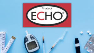 Project ECHO logo on a blue background with scattered diabetes tools, including a glucose meter, syringes, pills, and measuring tape.