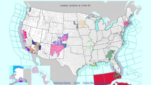 A map of the United States showing weather alerts in various colors, including water-related warnings. Insets display Alaska and Hawaii. Labels indicate American Samoa, Guam, Puerto Rico, and Virgin Islands.