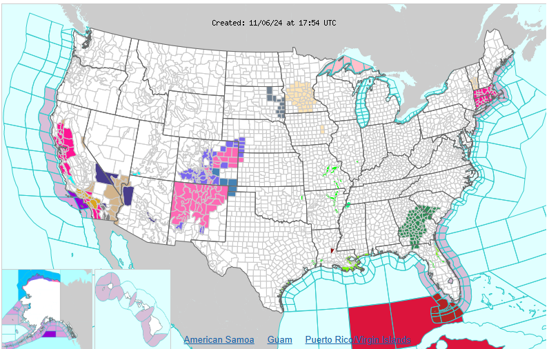 USA weather alert map with highlighted counties indicating various weather warnings, including regions prone to water-related hazards. Territories: American Samoa, Guam, Puerto Rico, and Virgin Islands included.