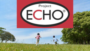 Two children running on grass under a blue sky, with a large "Project ECHO" logo superimposed above them.