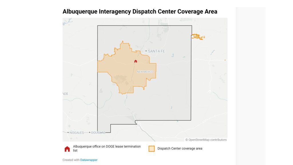 Map showing the Albuquerque Interagency Dispatch Center coverage area in New Mexico, marked in orange, with corresponding icons for the office location and lease termination notice.