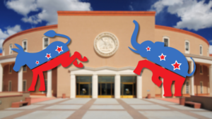 A donkey and an elephant symbol, representing political parties, are superimposed on the New Mexico State Capitol building.